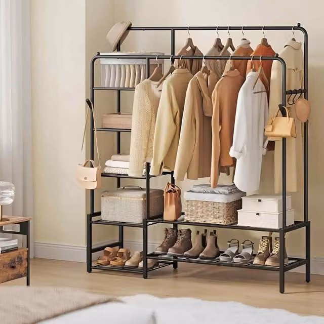 The Bazaarist Heavy Duty Open Wardrobe with 7 Storage Shelves and Double Hanging Rails, Black