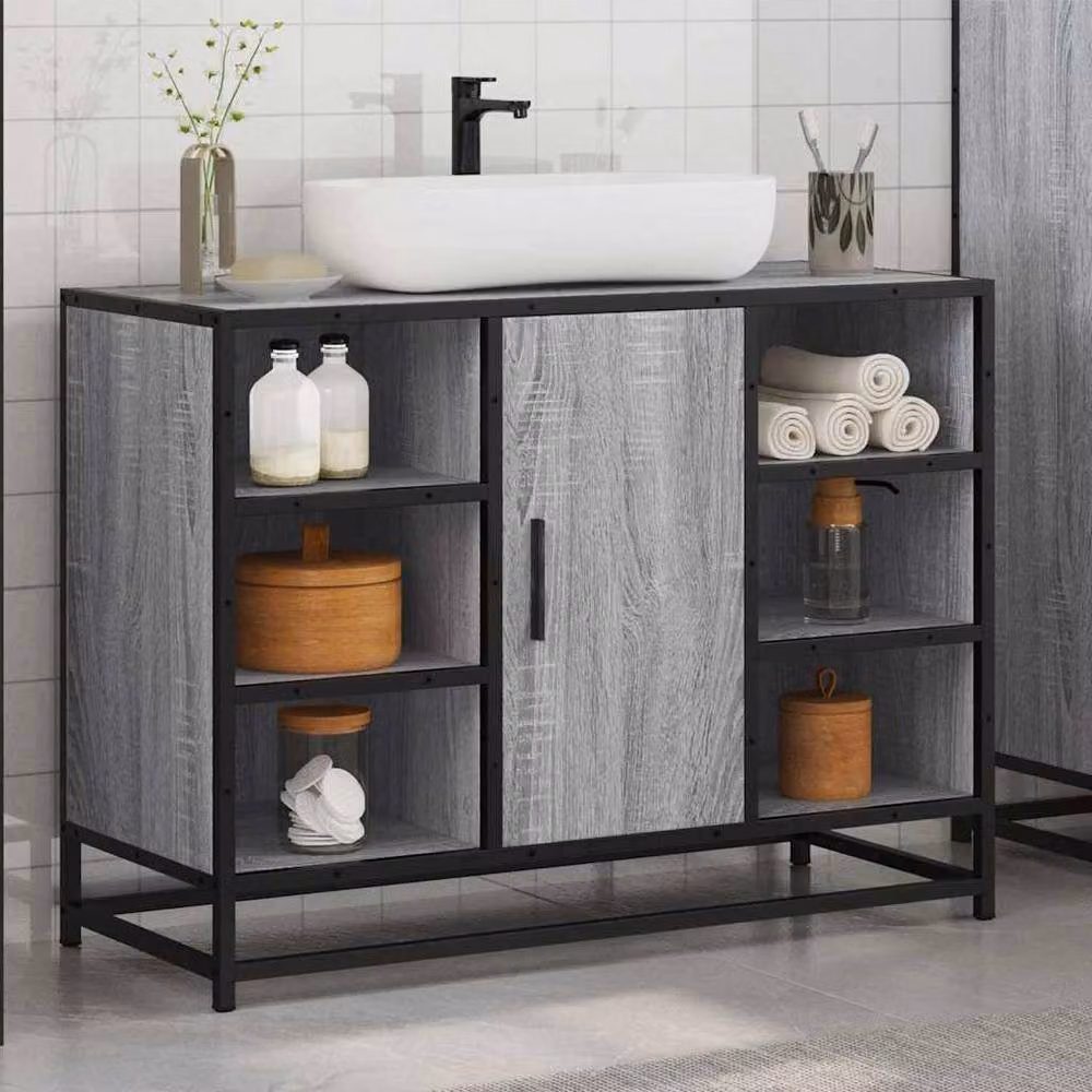 Berkfield Home Elegant Grey Sonoma Bathroom Sink Cabinet with Hinged Doors and Open Shelf, W/D/H: 80 x 33 x 60 cm – 3