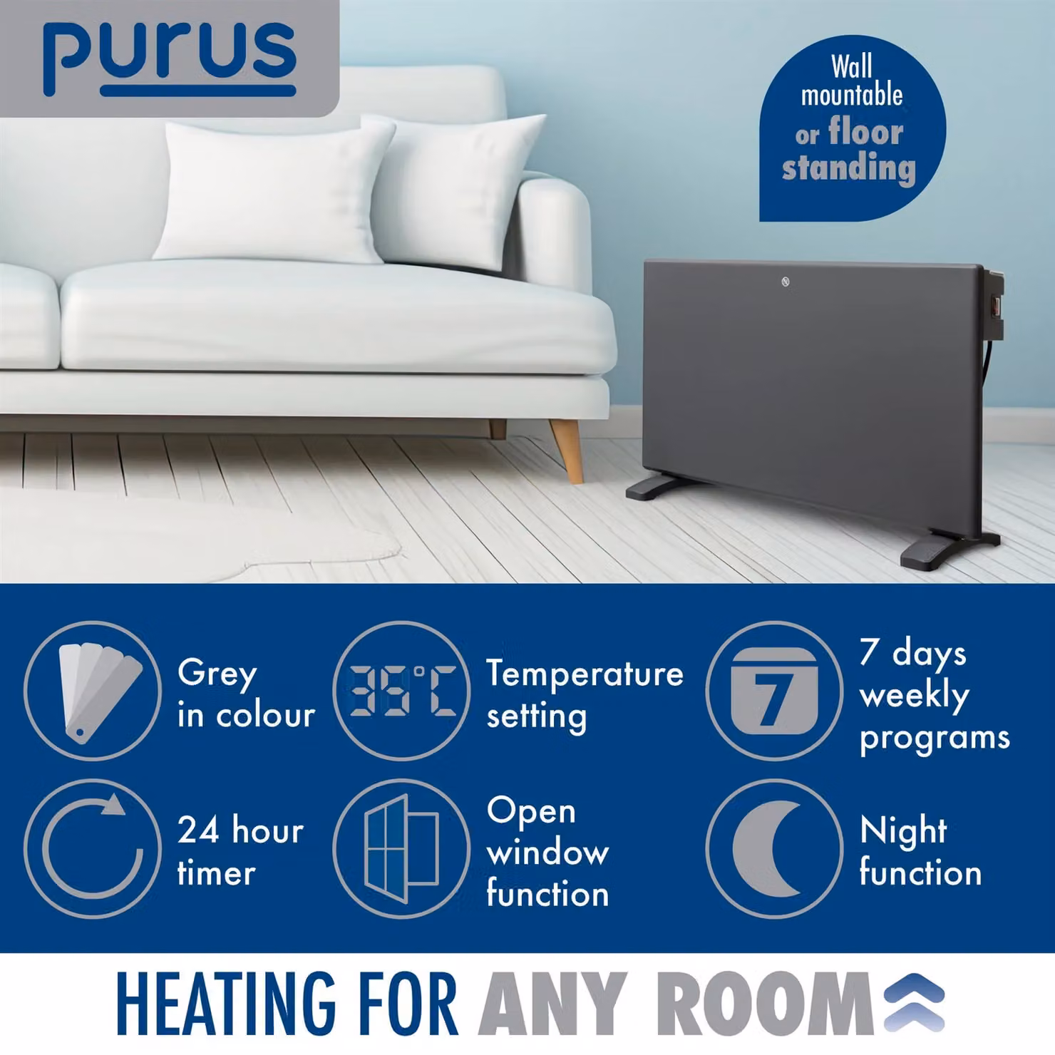 Purus 1200W Electric Panel Convector Heater in White and Grey, Wall Mounted or Freestanding with Thermostat and Timer – 3