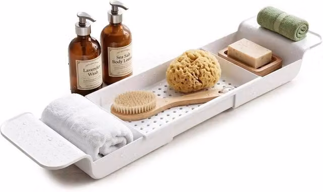 KORVIXA Extendable White Bath Rack Tray Over Bath Bridge Caddy