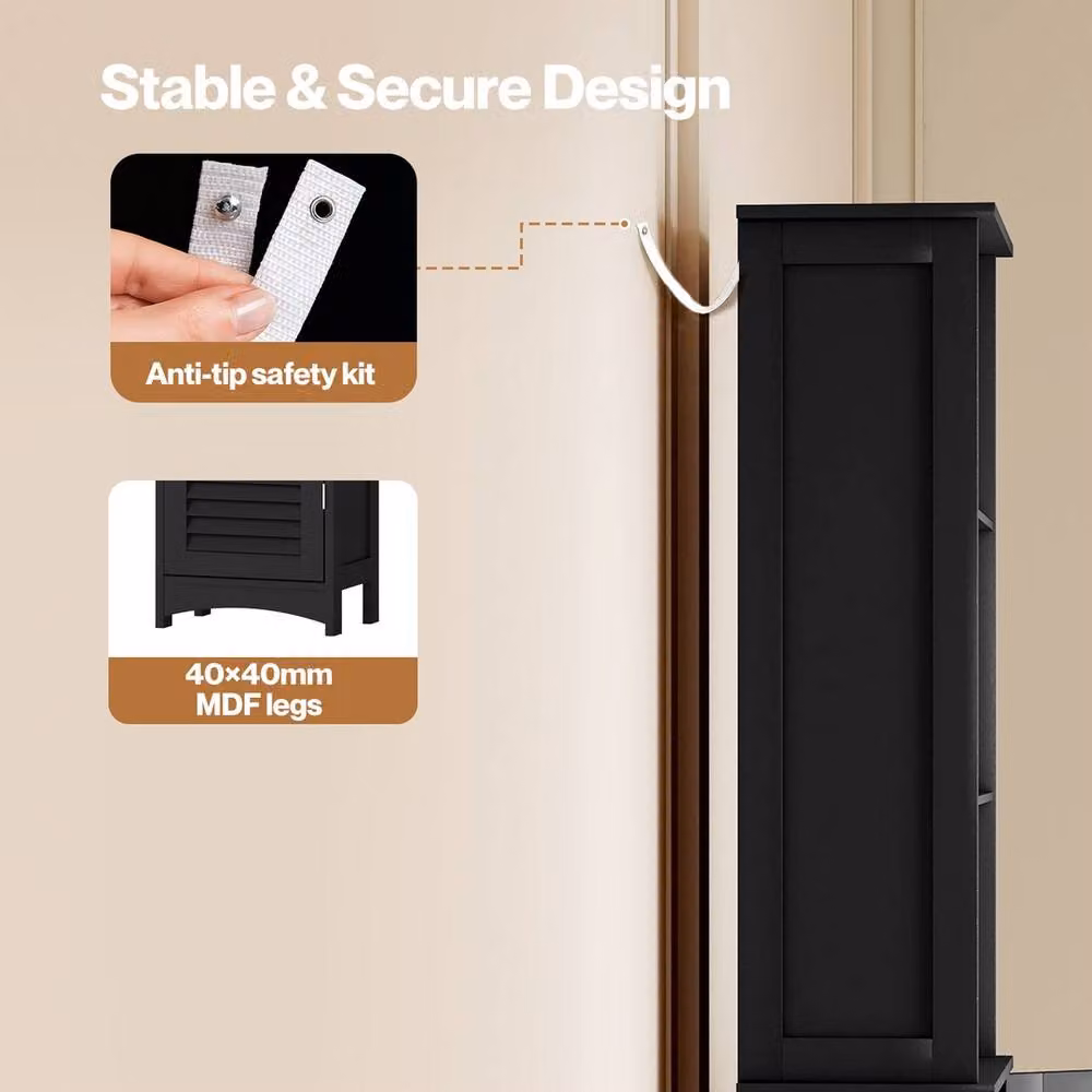 FORGEVIO Black Tall Freestanding Bathroom Cabinet with Hinged Doors and Adjustable Internal Shelves – 3