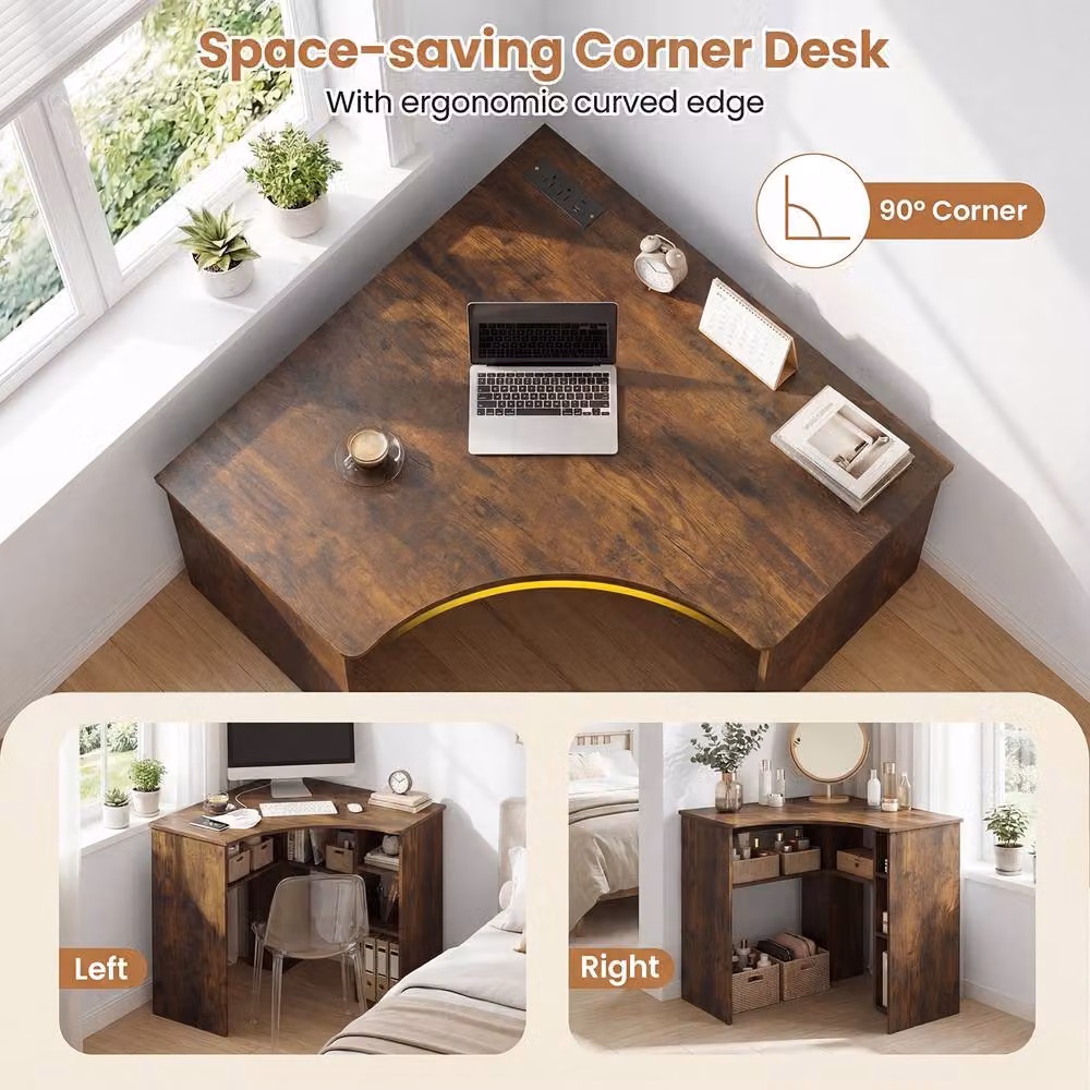 Gymax Brown Triangle Corner Computer Desk with Storage Shelves – 5