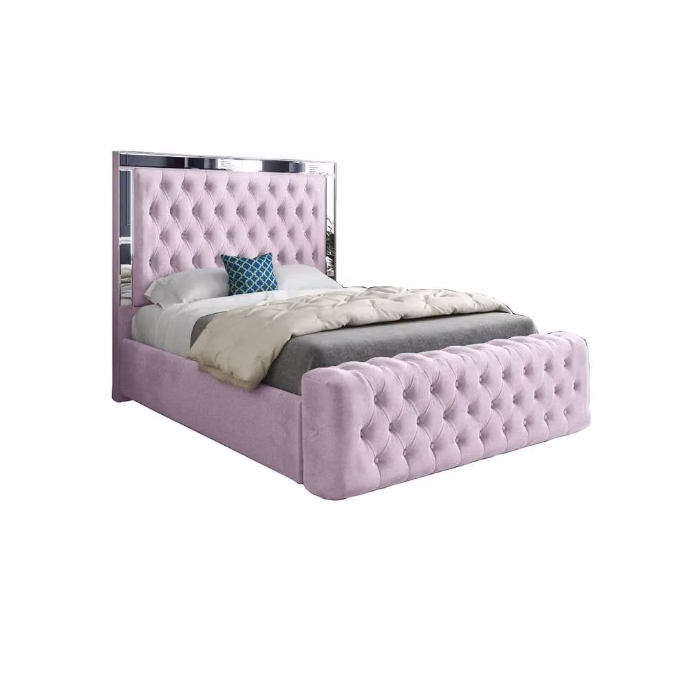 KDMD Reigate Single Upholstered Designer Bed Frame in Pink Soft Velvet with Mirror Details, W/D/H: 90 x 200 x 137 cm – 2