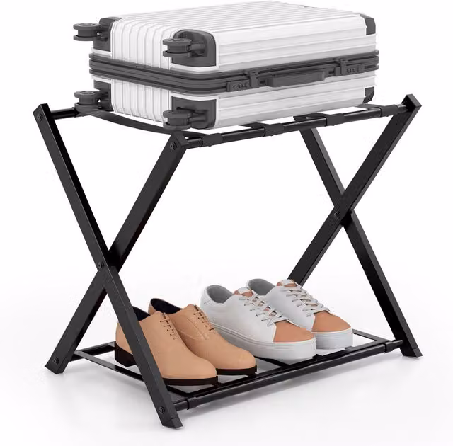 Gymax Folding Metal Luggage Rack Holder with Shelf and Belts in Black – 1