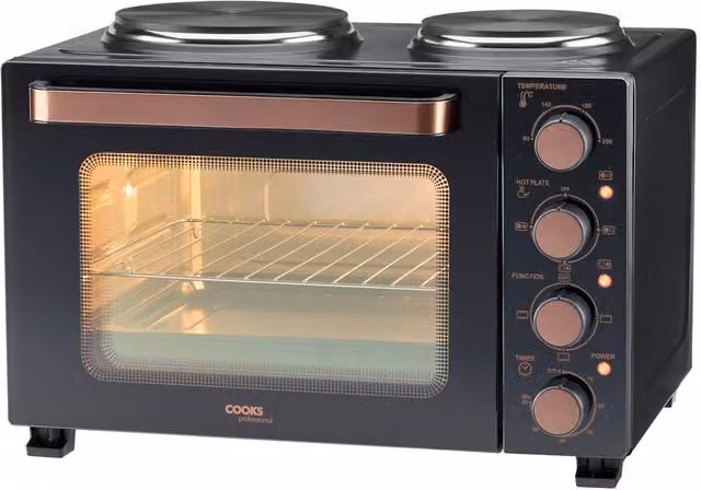 Cooks Professional 28L Mini Portable Oven with Hobs, Black and Copper Electric Countertop Cooker with Grill and Convection Functions – 4