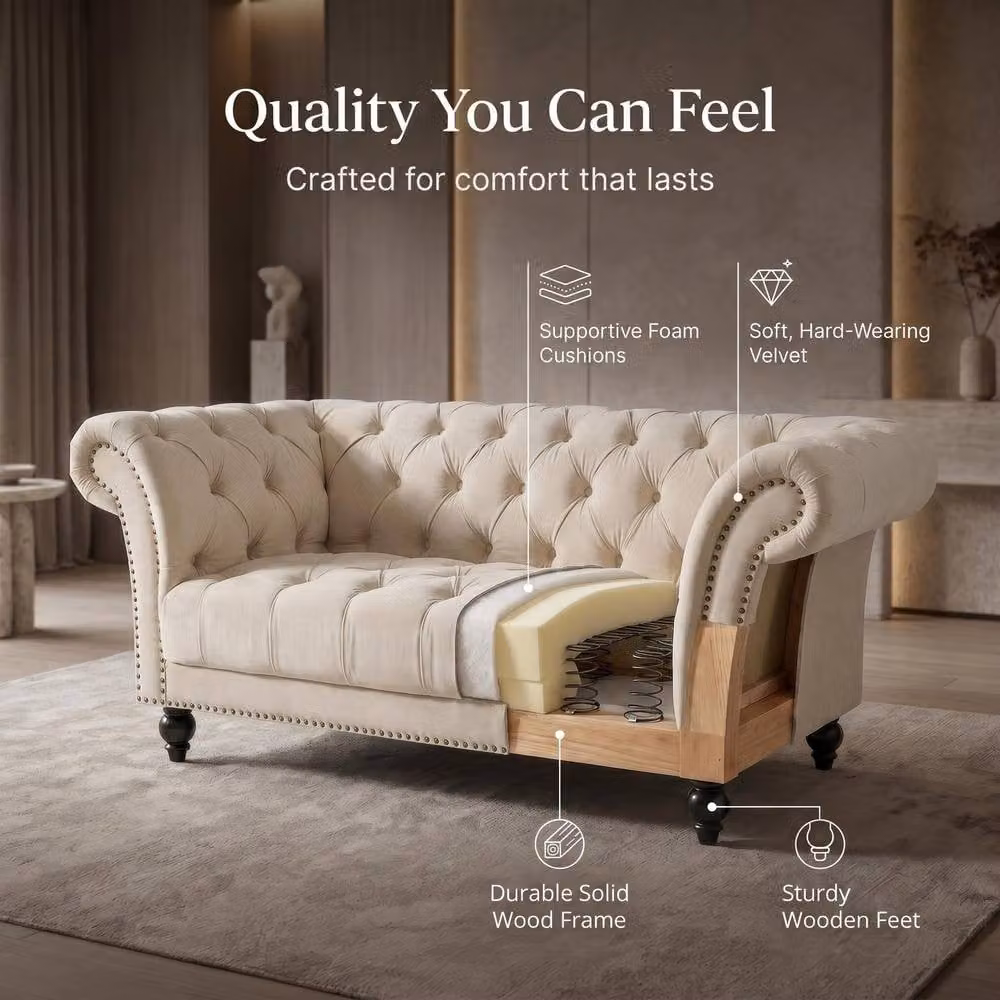 Bravich LTD Chesterfield 1 Seater Velvet Sofa in Beige with Buttoned Back and Rolled Arms – 4