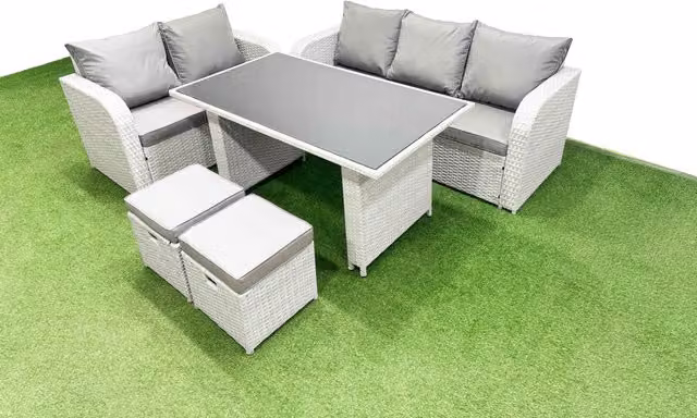 Fimous Garden Furniture Set with Rectangular Dining Table and 2 Small Stools in Light Grey