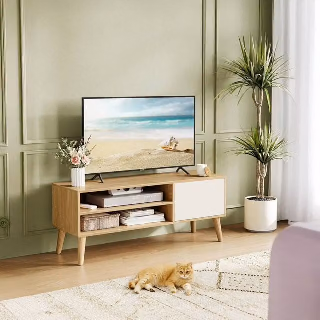 VASAGLE Retro Oak Wood Modern TV Stand Cabinet, W: 120 cm, D: 40 cm, H: 49 cm