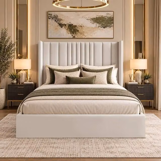 Desire Deco Adeline Upholstered Wingback Bed Frame in Light Beige, Size: Single (90 x 190 cm)