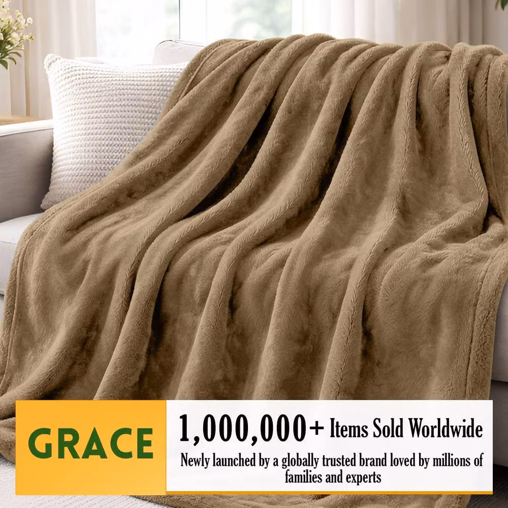 Grace Luxury Soft Reversible Double Face Flannel Fleece Blanket in Camel, W: 150 cm, L: 200 cm – 2