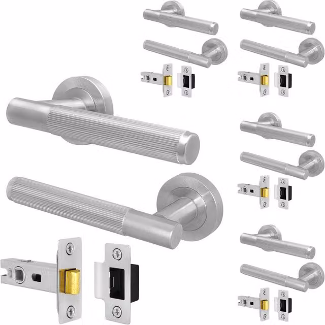 AFIT Satin Nickel Door Handle and Latch Set, 5 Pack, Silver, Brushed Aluminium, W/D/H: 15.0 x 6.5 x 1.5 cm – 1