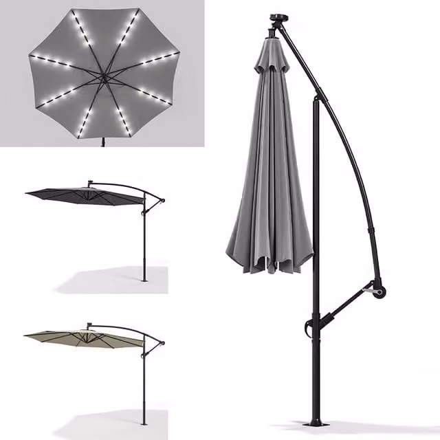 THE HOT SALE 32 LE Light Grey Polyester Patio Umbrella with Crank Lift and Base