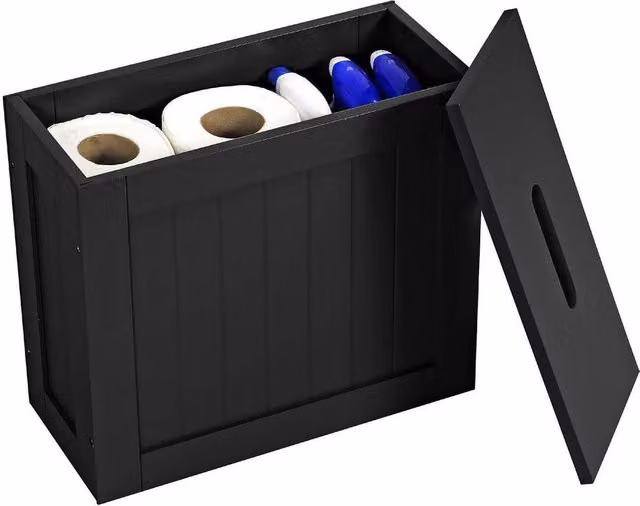 PAWNORA Black Wooden Slimline Bathroom Storage Unit and Laundry Tidy Box
