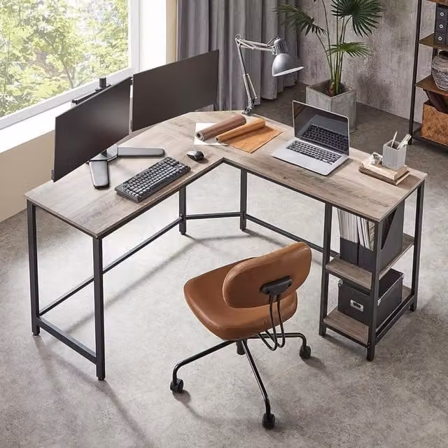 The Bazaarist L-Shaped Corner Office Desk with Shelving and Metal Frame in Heather Greige and Ink Black