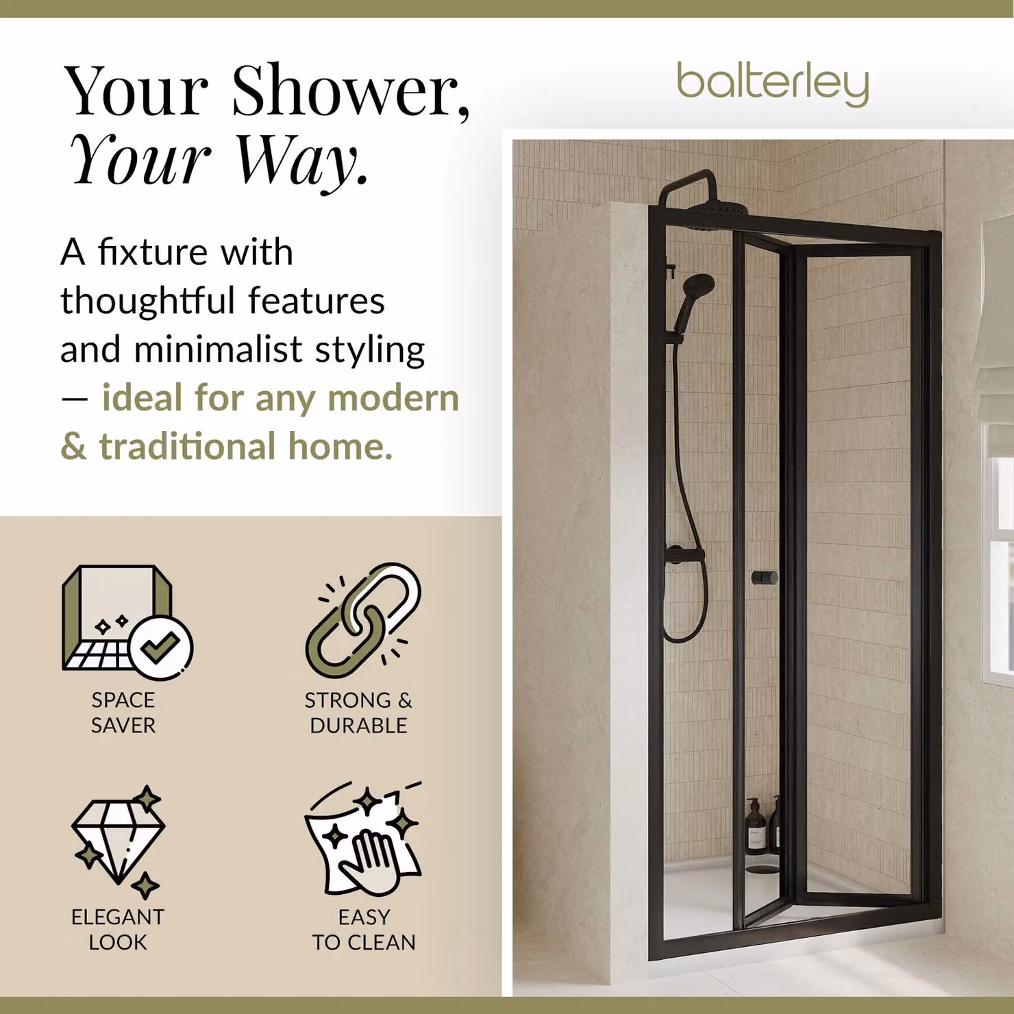 Balterley 4mm Toughened Safety Glass Bi-Fold Shower Door, Black, W: 80 cm, H: 190 cm – 2