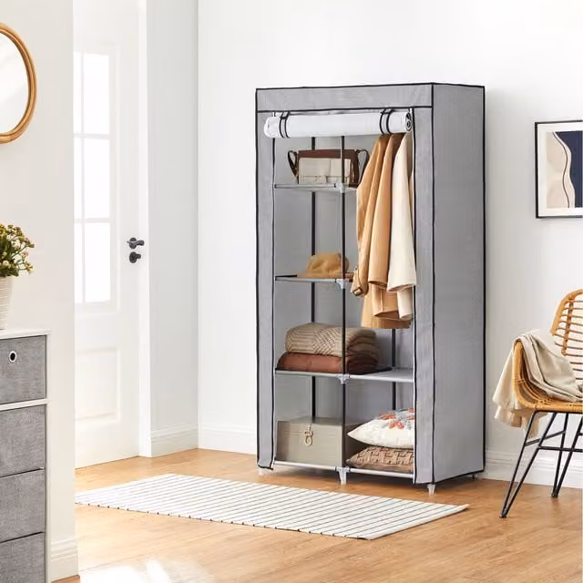 SONGMICS Portable Fabric Wardrobe in Grey with Internal Shelves and Hanging Rod, W: 88 cm