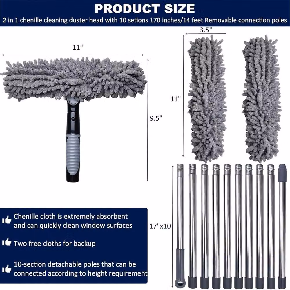 VOGREX 2-in-1 Window Cleaner Squeegee and Microfibre Duster with Telescopic Handle, Grey – 2