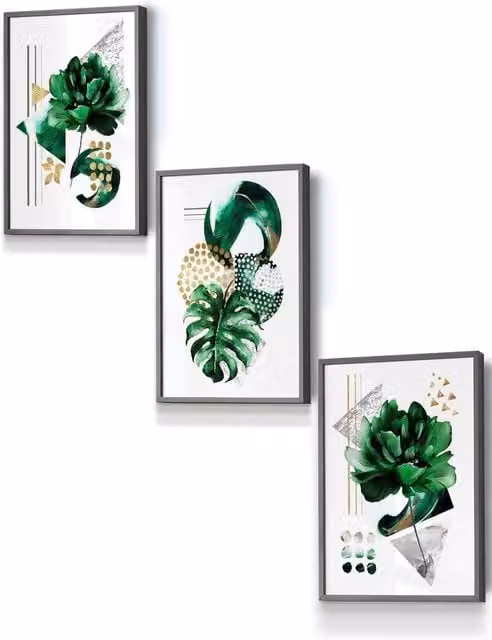 ARTZE Abstract Green Gold Botanical Framed Wall Art in Dark Grey, W: 33 cm, H: 45 cm, D: 2 cm