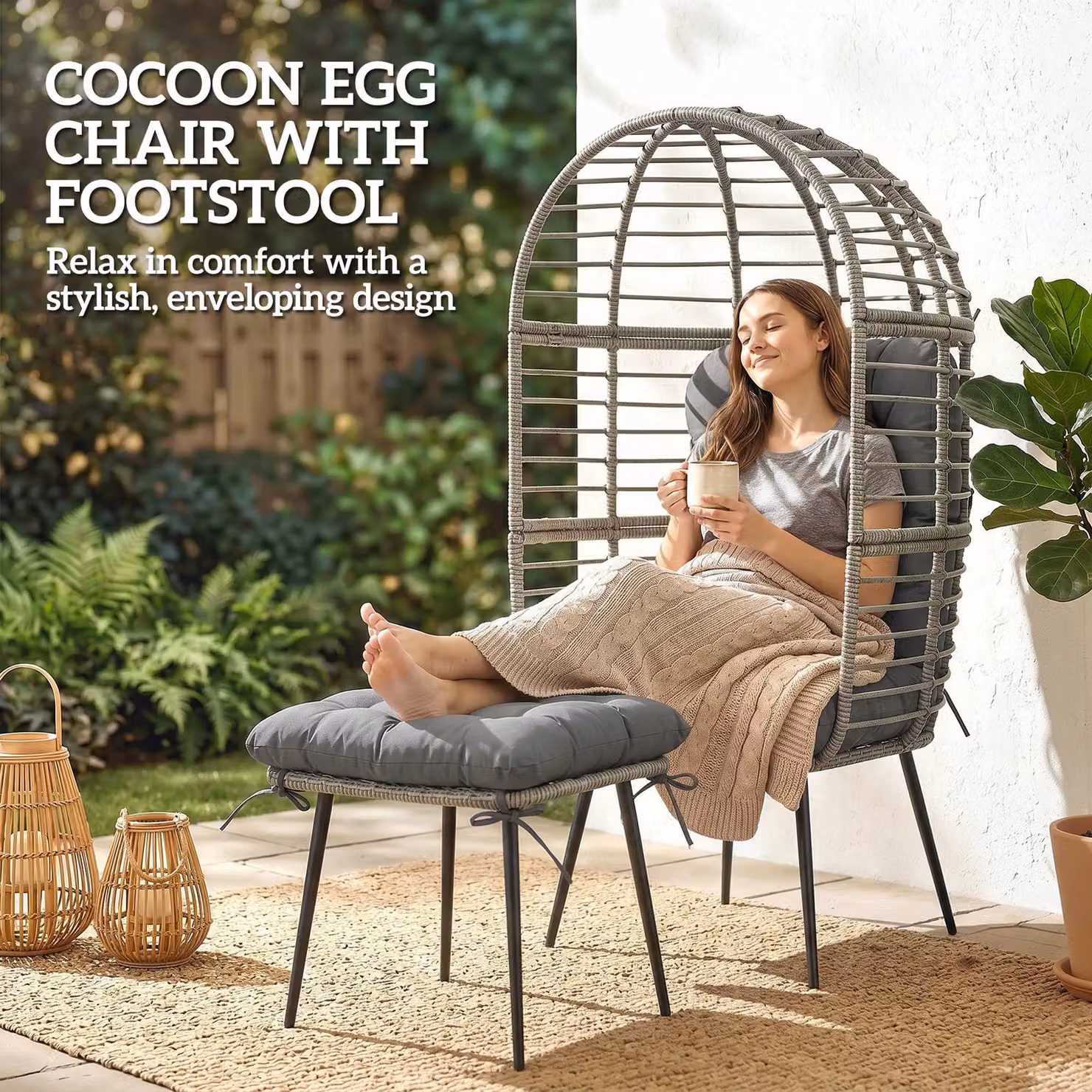 Outsunny Rattan Egg Chair and Ottoman Set with Thick Cushions in Light Grey – 4