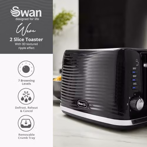 Swan Wave 2-Slice Toaster in Black, ST19034BLK – 2