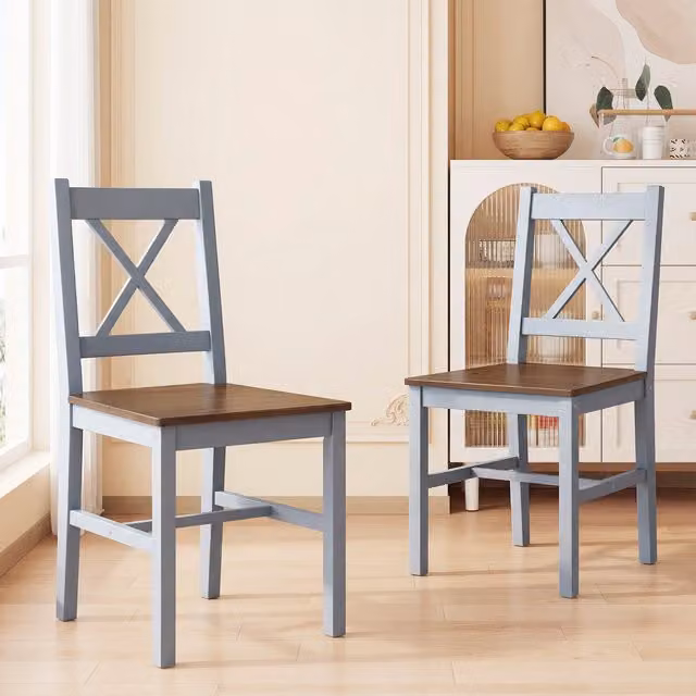 HOMCOM Set of 2 Grey Rustic Pine Wood Cross Back Dining Chairs