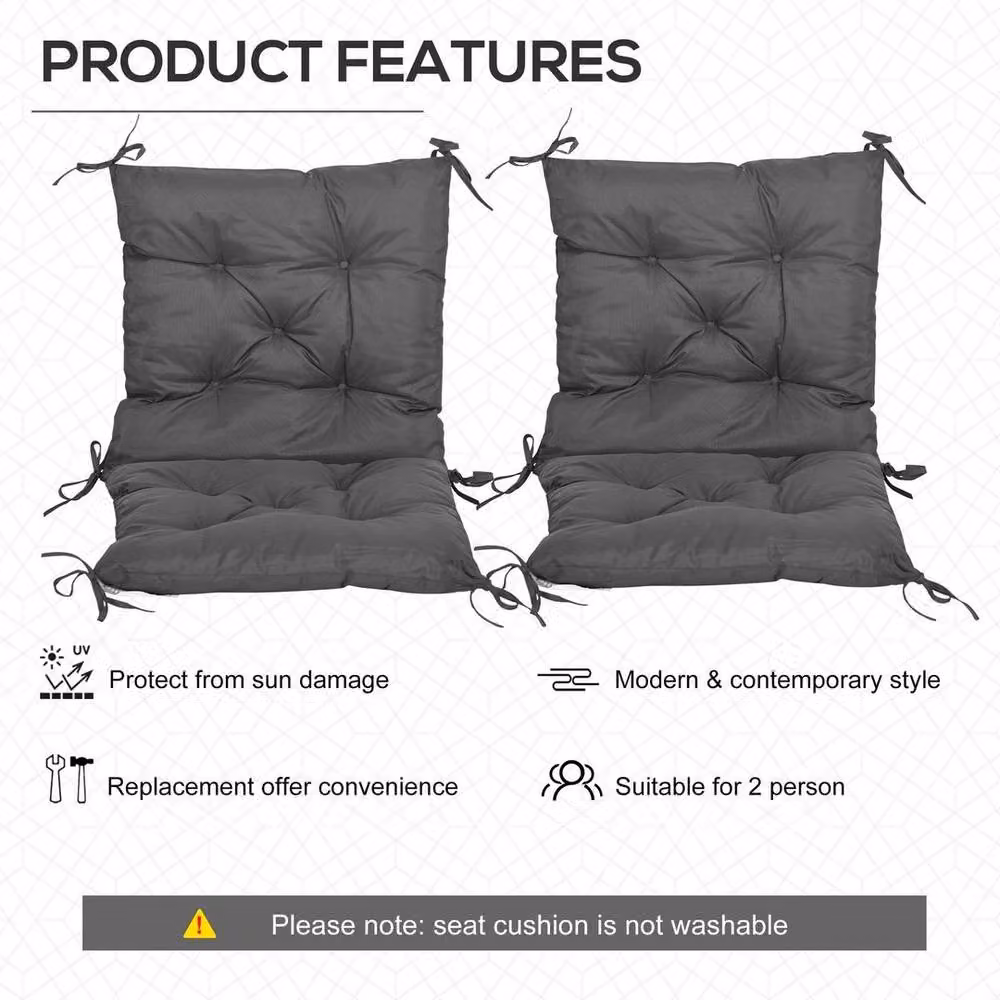 KORVIXA Set of 2 Grey Water-Repellent Cotton Garden Chair Seat Cushions – 3