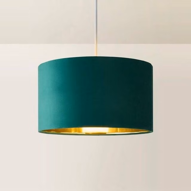 FORGEVIO Cylinder Fabric Lampshade Ceiling Light Shade in Green and Gold/Brass, Diameter: 35 cm