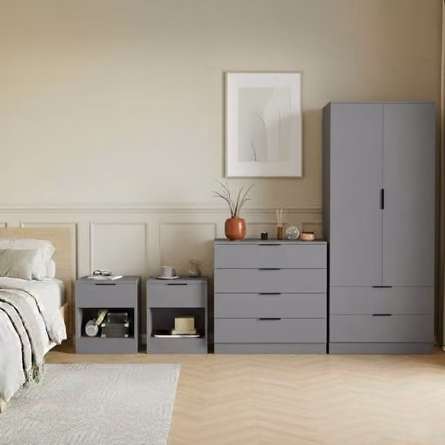 Vida Designs Trega 4 Piece Grey Bedroom Set including Two Bedside Tables, Four Drawer Chest and Wardrobe