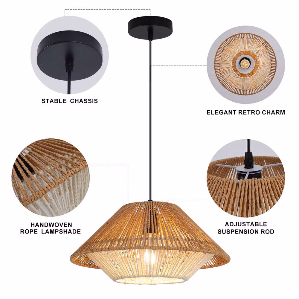 NIVOR Adjustable Boho Rattan Pendant Light, E27 Cone Suspended Chandelier in Brown – 7