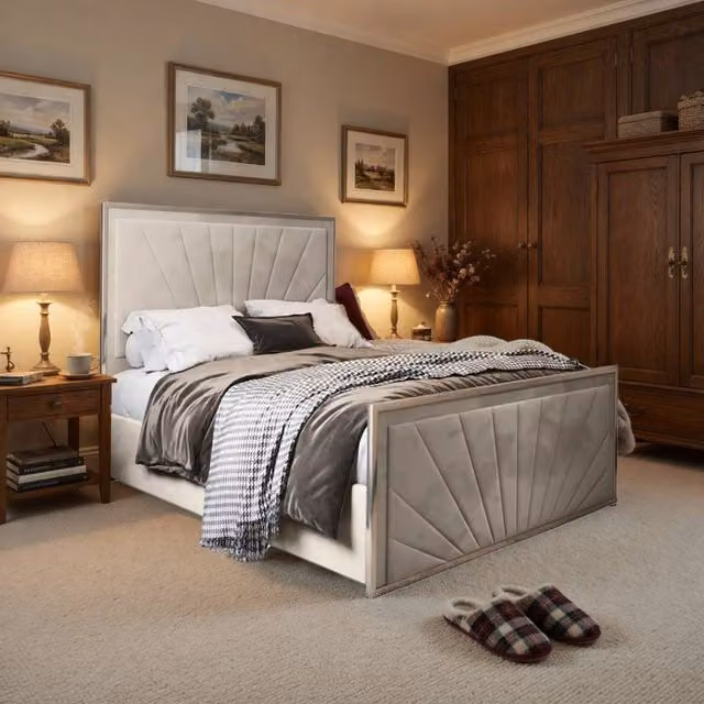 Casani Southborough Upholstered Velvet Designer Bed Frame in Cream, W/D/H: 120 x 200 cm