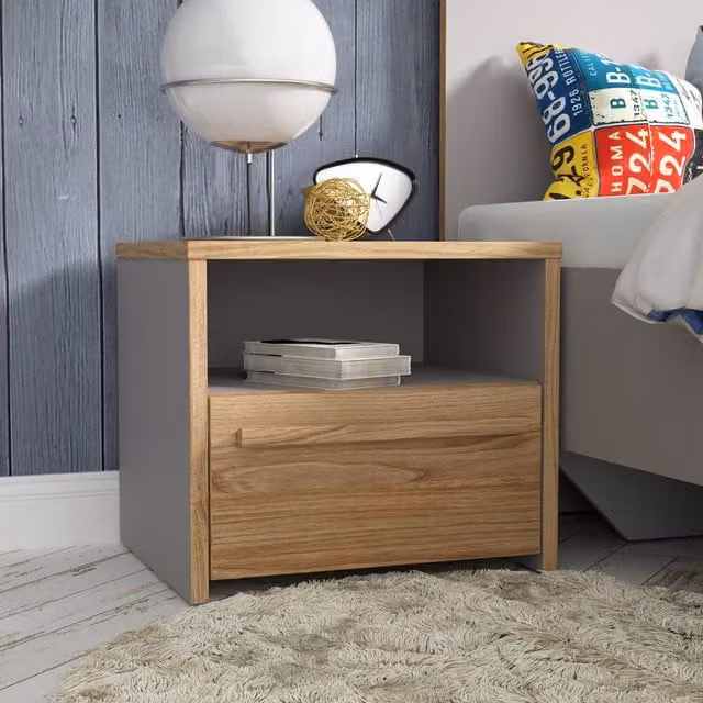 FWStyle Bedside Cabinet with One Drawer and Open Shelf in Matt Grey and Oak