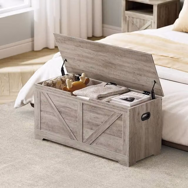 VASAGLE Large Farmhouse Storage Bench and Blanket Box with Soft-Close Lid in Fawn Brown and Beige – 1