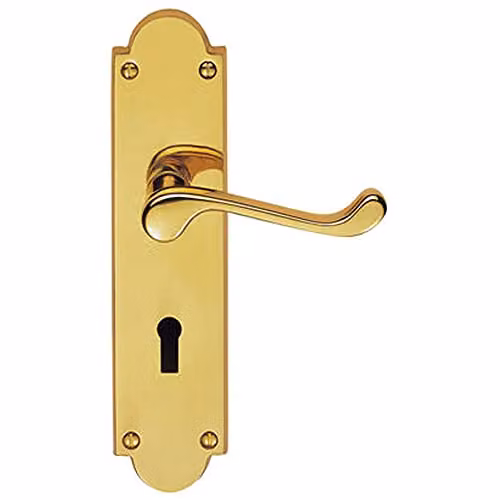 Loops Pair Victorian Scroll Handle on Lock Backplate in Polished Brass, W: 20.5 cm, H: 4.8 cm, D: 2.0 cm