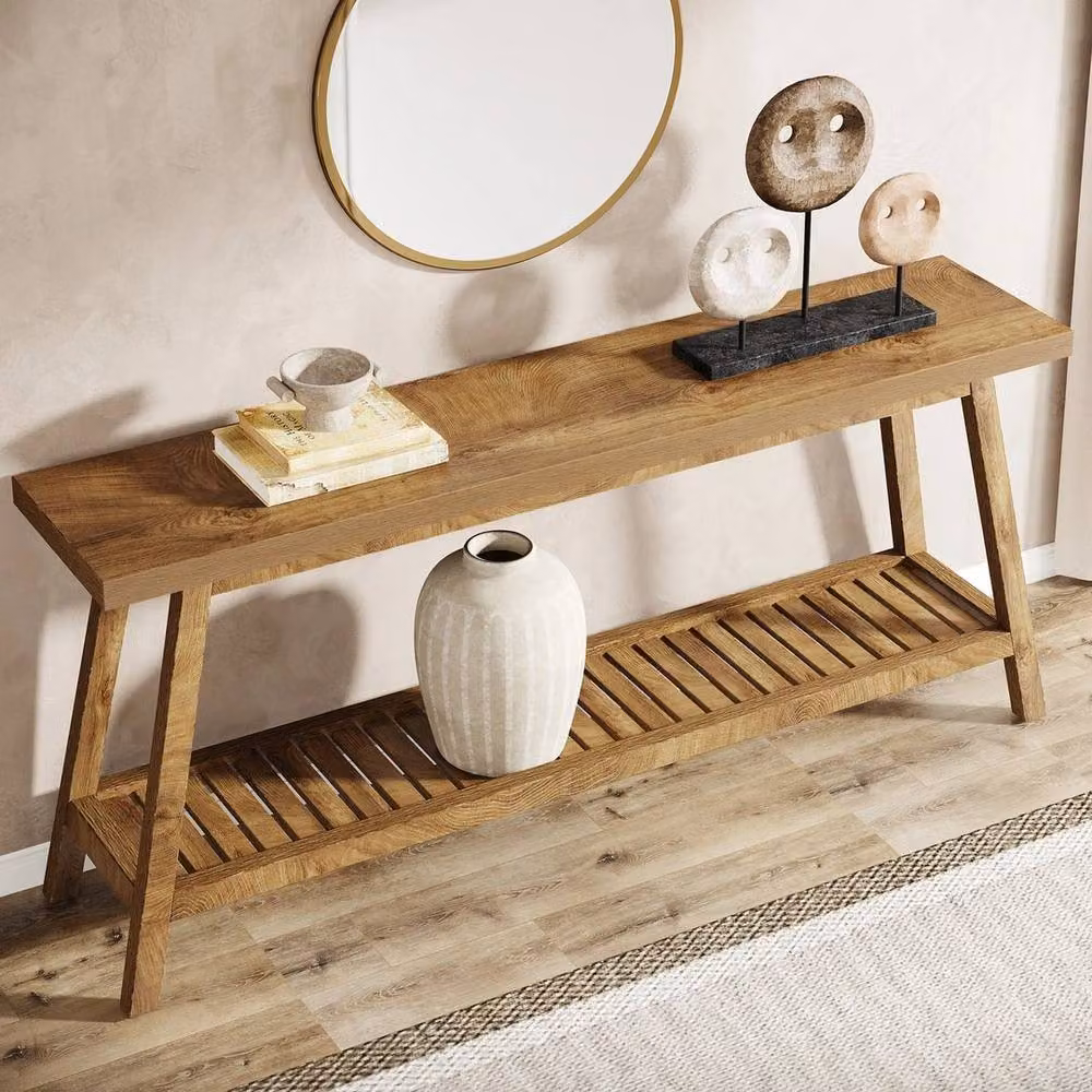 EONLION 2-Tier Farmhouse Long Console Table in Brown, Width: 100 cm – 3