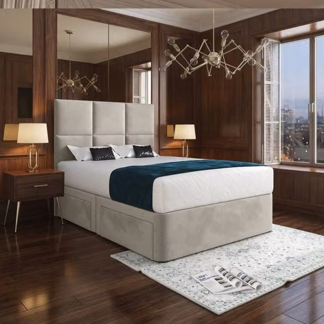 KDMD Ixworth Upholstered Designer Bed Frame with Floorstanding Headboard in Beige, Super King, 200 x 200 cm