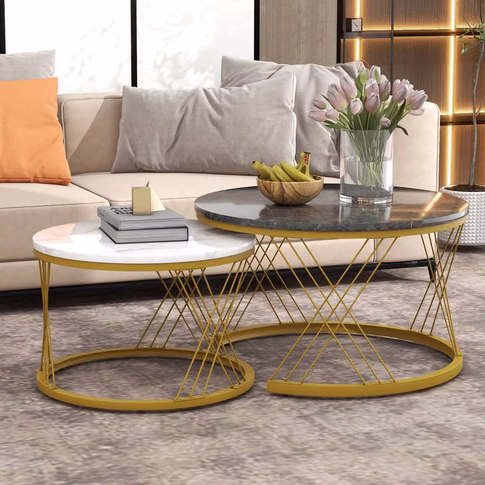 Merax Set of 2 Round Nesting Coffee Tables with Marble Effect Composite Tops and Black Metal Frames – 2