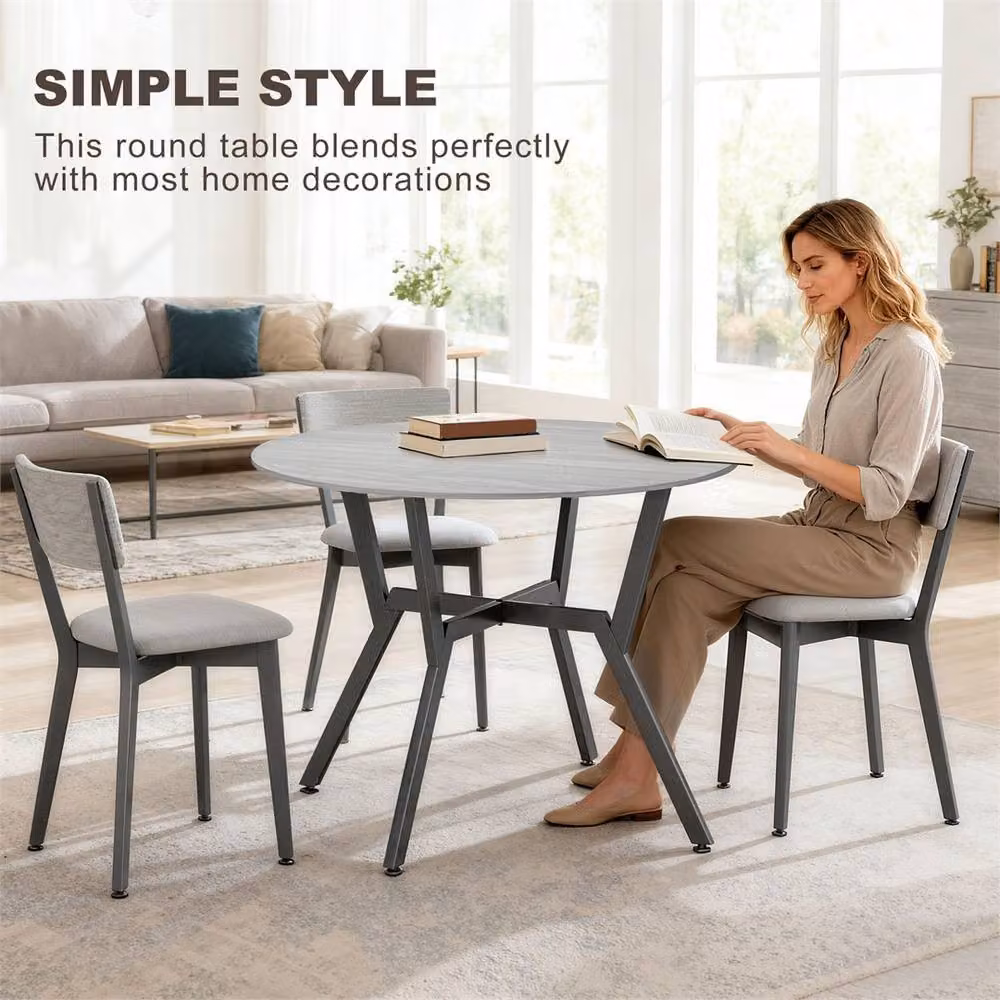 EONLION Grey and Black Modern Round Dining Table with Matt MDF Laminate Top and Metal X-Frame Base, Diameter: 100 cm – 3