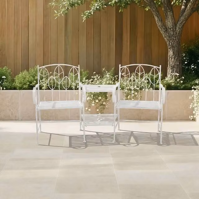 Charles Bentley Rustic Metal Garden Companion Seat with Leaf Design in White, W: 156 cm, D: 66 cm, H: 90 cm – 1