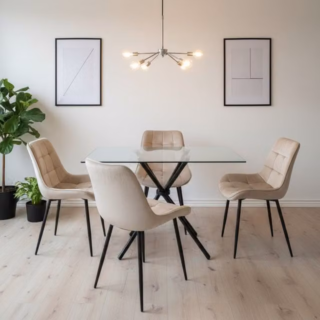 Madefor.living Miami Dining Table with 4 Erica Velvet Chairs in Beige and White with Glass Top