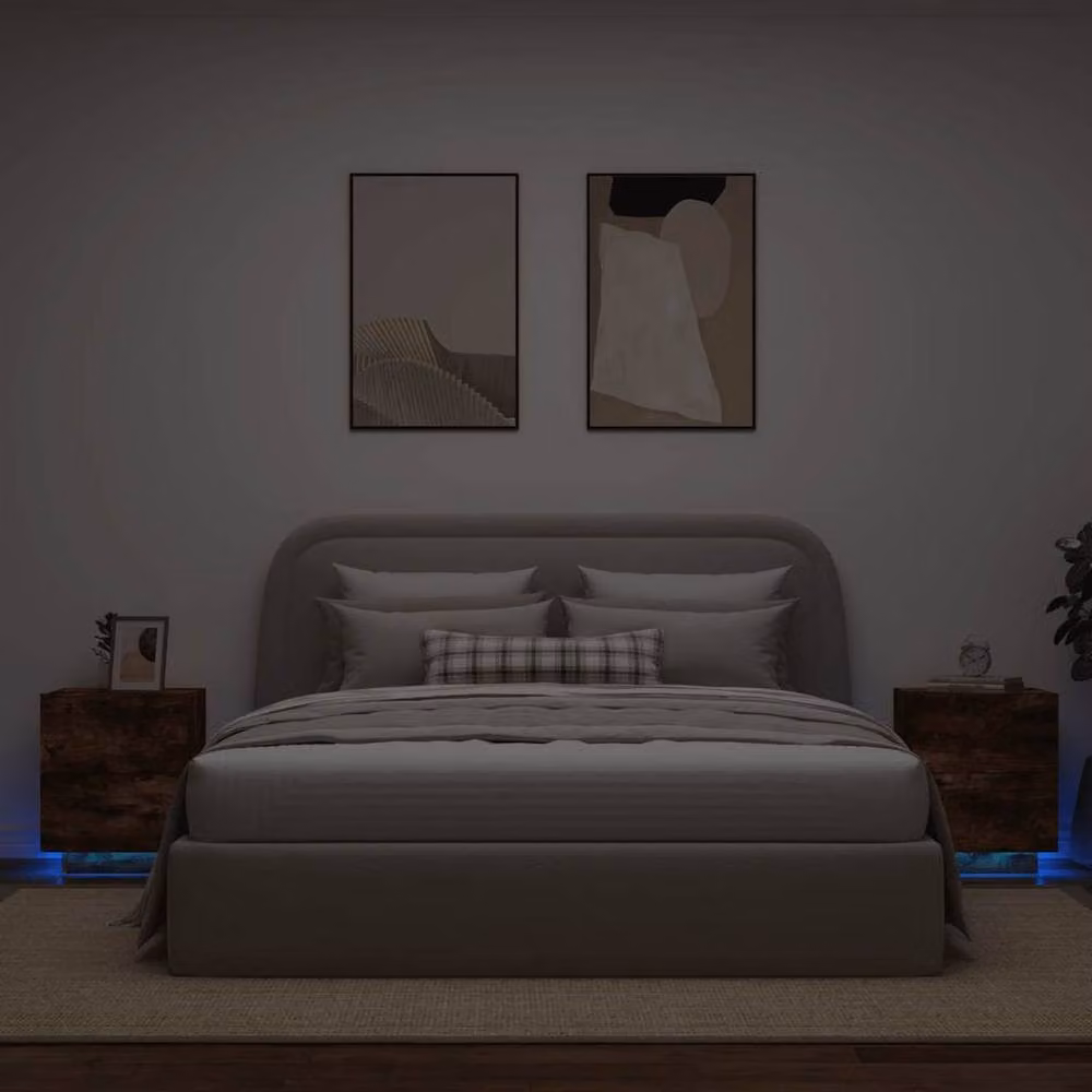 Berkfield Home Set of 2 Decorative Bedside Cabinets with Integrated LED Lights in Smoked Oak Brown, W/D/H: 40 x 45 x 55 cm – 1