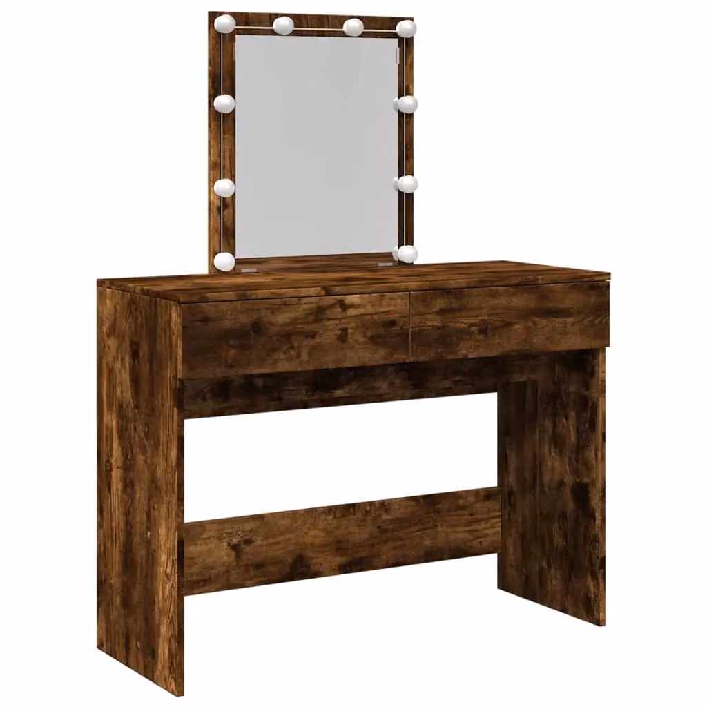 Berkfield Home Modern Smoked Oak Dressing Table with Hollywood LED, Brown, W: 100 cm, D: 40 cm, H: 130 cm – 2