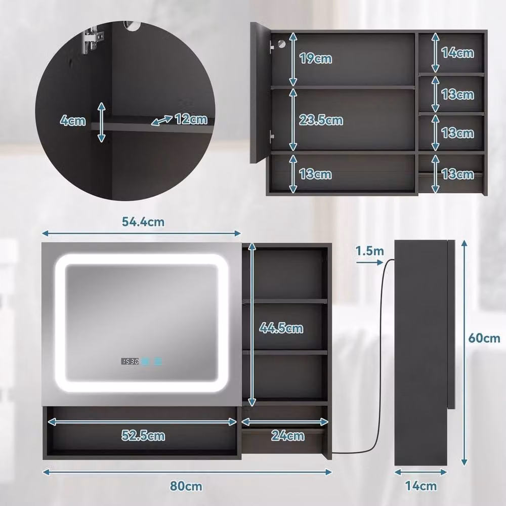 FLAVORA Black Matt LED Bathroom Mirror Cabinet with Integrated Lighting and Internal Shelves – 3