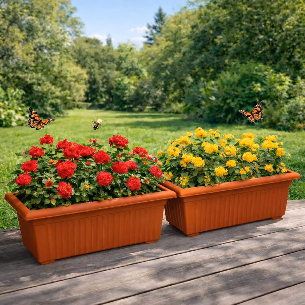 Simpa Grecian Style Pillar Plastic Trough Planters, Set of 2, Terracotta/Brown, W: 70 cm, D: 30 cm, H: 26 cm – 3