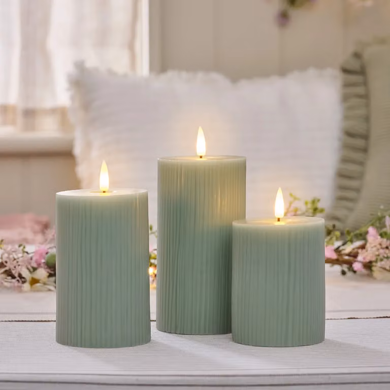 TruGlow® Sage Green Ribbed LED Pillar Candle Trio with Remote Control, Flicker Effect and Timer