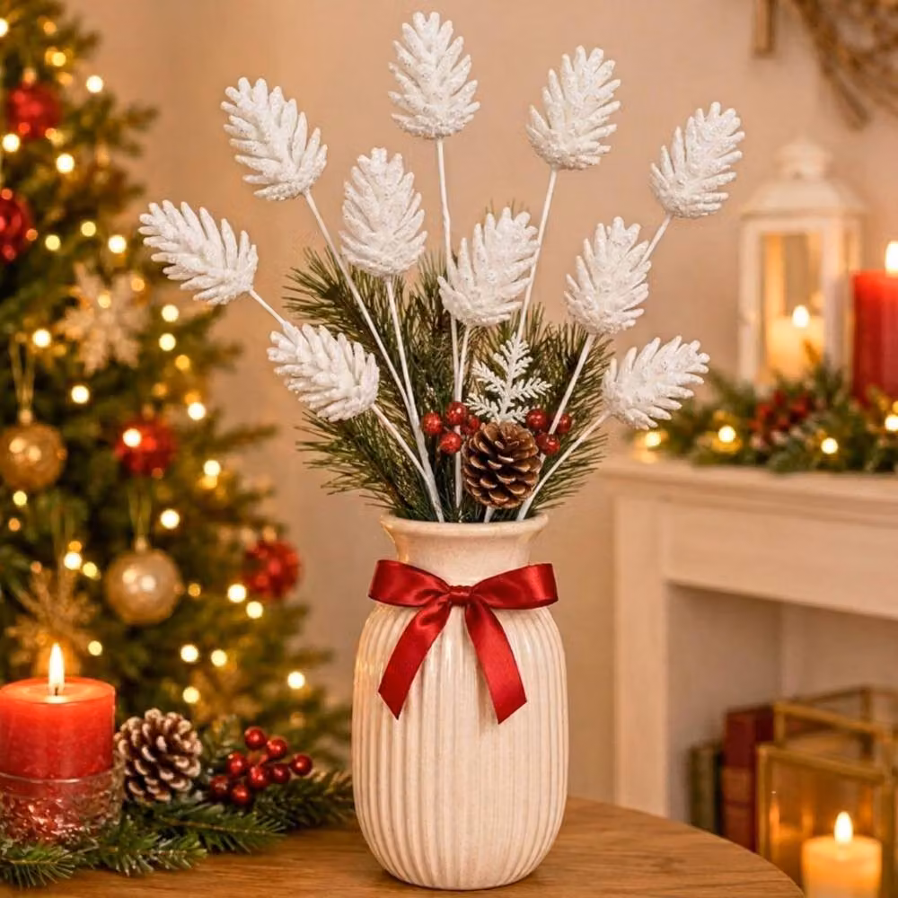 Shatchi Glitter White Pine Cone Christmas Picks, 12 Pack, Length: 58 cm – 2