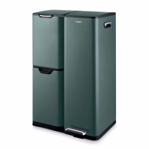 Tower 60L Green Pedal Recycling Bin with Removable Inner Buckets and Coated Steel Body – 1