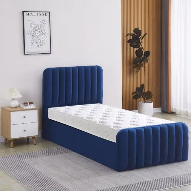 Kosy Koala Blue Velvet Upholstered Ottoman Gas Lift Up Storage Bed with Mattress, W/D/H: 90 x 190 cm