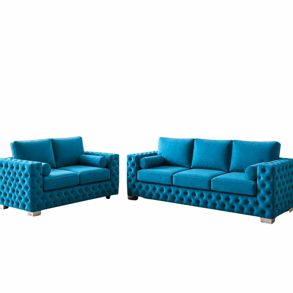 Stratus Interiors Ashley Full Back Chesterfield Upholstered Fabric 2 and 3 Seater Sofa Set in Petrol – 2