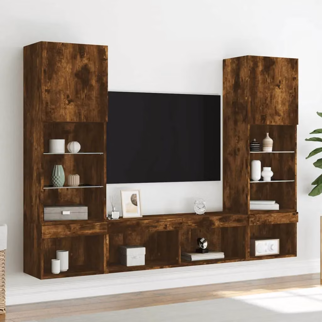 Berkfield Home 5 Piece Modern TV Wall Unit Set with Integrated LED Lighting in Smoked Oak Brown – 3