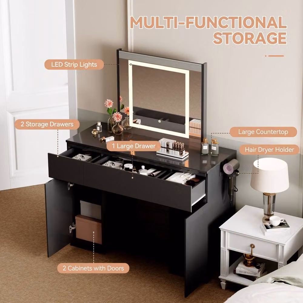 MCC Direct Toronto Black Glossy Dressing Table with Adjustable LED Mirror – 3